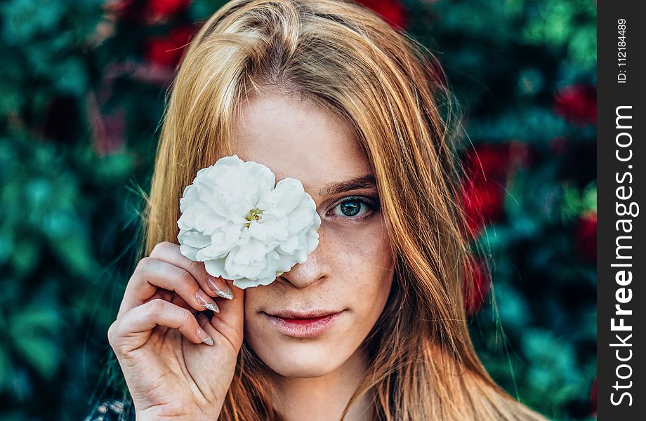 Shallow Focus Photography of Woman Holding White Flower