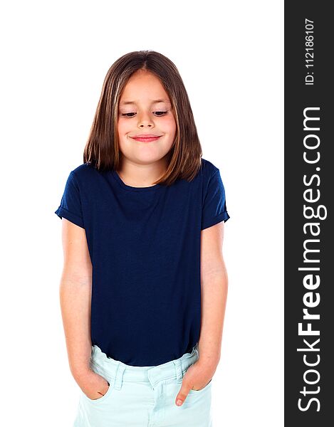 Happy small girl with long straight hair isolated on a white background