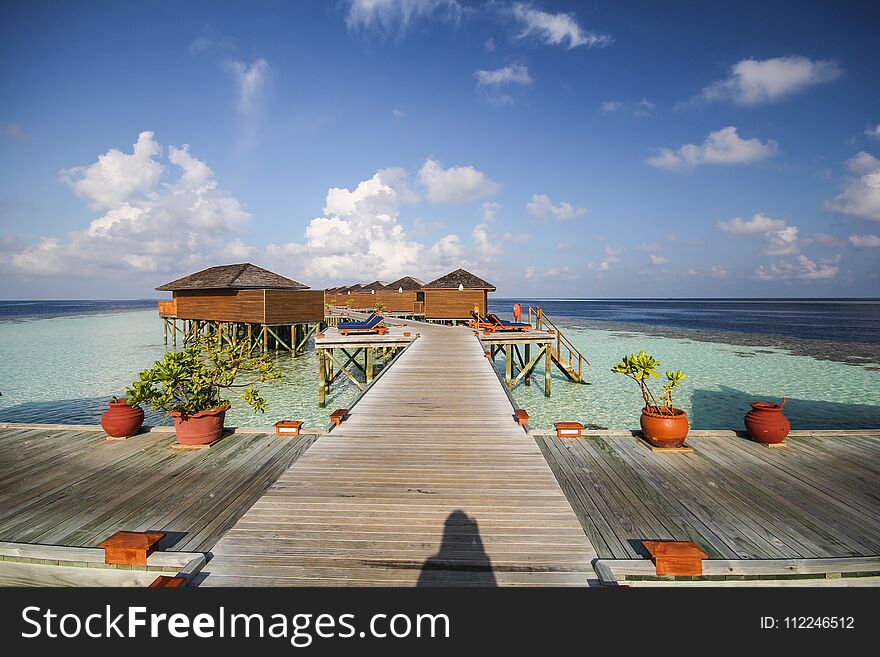 View of vilamendhoo island at the water bungalows side in the Indian Ocean, Maldives