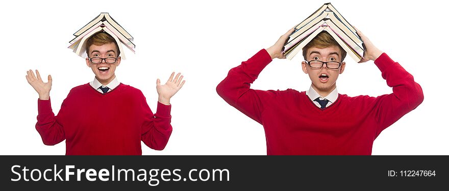 The funny student with books isolated on white