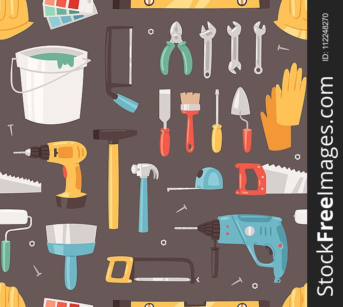 Construction equipment vector constructive tools of builder or constructor with hammer and screwdriver illustration of carpenters toolbox set seamless pattern background.