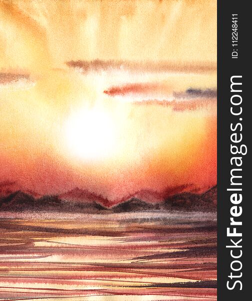 Real watercolor landscape with Lake and mountains on a red sky in the sunset or a sunrise. Hand drawn illustration.