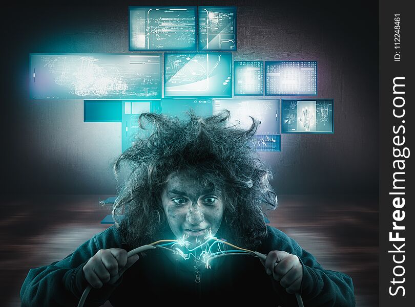 Young girl with messy hair being shocked by electric cable, in a office with digital screens. Young girl with messy hair being shocked by electric cable, in a office with digital screens.