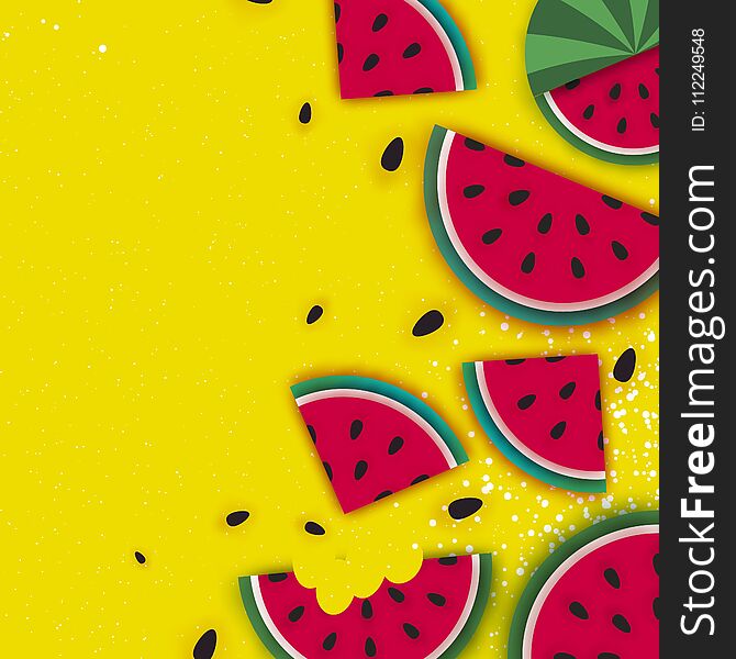 Watermelon Super Summer Sale Banner in paper cut style. Origami juicy ripe watermelon slices. Healthy food on yellow. Square frame for text. Summertime. Vector
