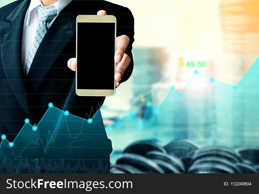 Finance and Investment concept.Money management and Financial chart.Double exposure investment. mock up smartphone