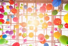 Colorful Folding Paper Lantern On Ceiling With Light Fair,Chinese New Year Royalty Free Stock Photos