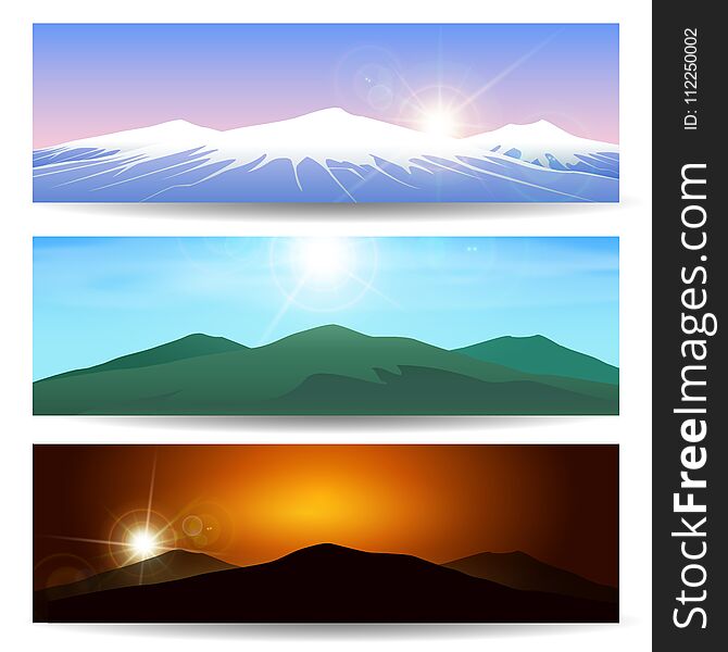 Set of different Mountain landscapes. Wild nature Vector banner set. Set of different Mountain landscapes. Wild nature Vector banner set.