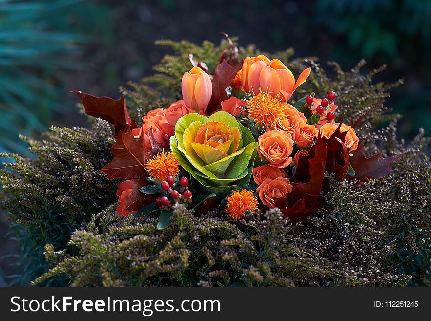 Festive bouquet of multicolored flowers.