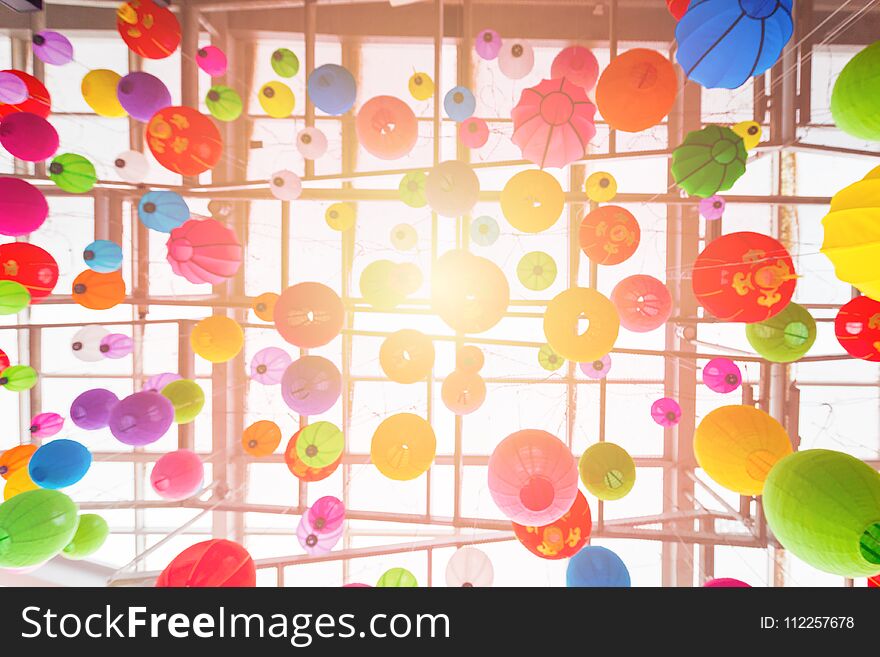 Colorful folding paper lantern on ceiling with Light fair,Chinese new year