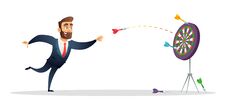 Businessman Makes A Dart Throw On The Target. The Concept Of Persistence In Business. Stock Photos
