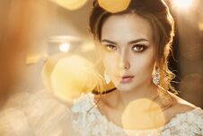 Portrait Of Beautiful And Fashionable Brown-haired Model Girl, In A Lace Dress Stock Image Portrait Of Beautiful And Fashionable Brown-haired Model Girl, In A Lace Dress Stock Image
