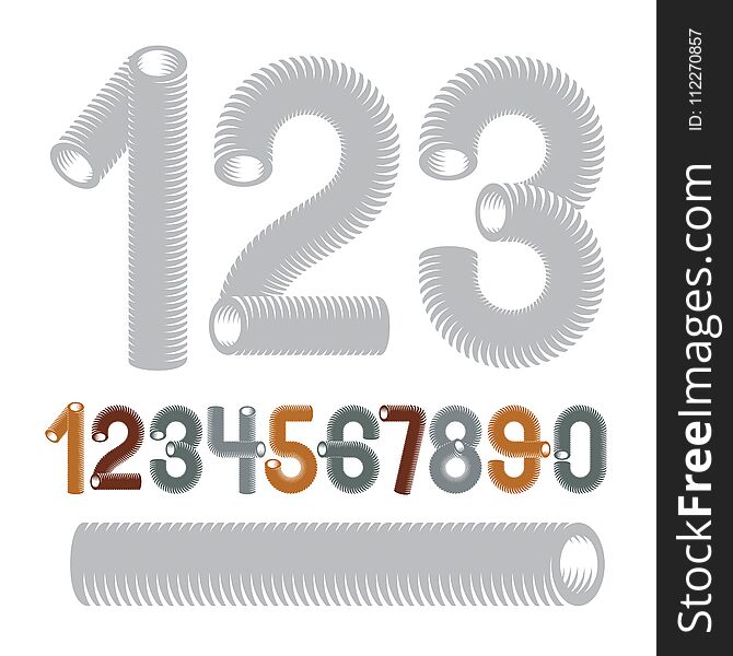 Trendy vector numerals collection. Modern funky numbers from 0 to 9 best for use in logo, poster creation. Made with 3d cylinder tube design, industry style.