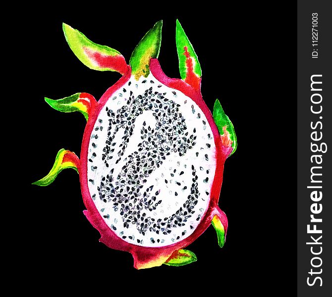 Cross section of white pulp of dragon fruit, watercolor pitahaya on black background with pulp and seeds in the form of a dragon