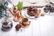 Coffee In Clay Cup With Chocolate Muffin Stock Photo Coffee In Clay Cup With Chocolate Muffin Stock Photo