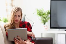 Young Woman Surfing The Internet Hold Laptop In Arms Search Information Royalty Free Stock Image