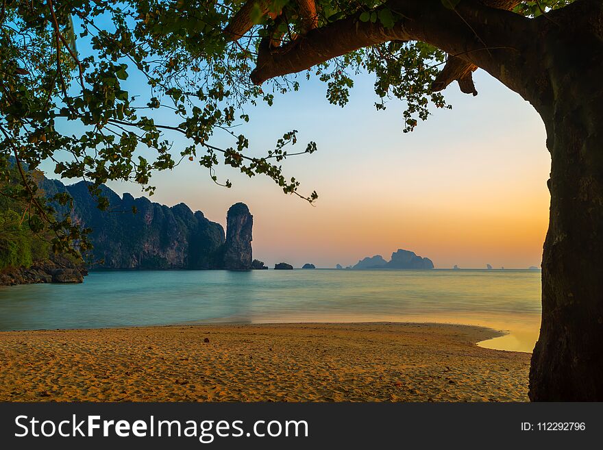 Ao Nang Beach In Krabi Thailand At Sunset