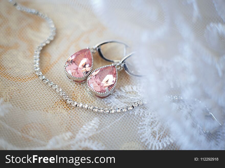 Pink Crystal Earrings For Bride With White Necklace