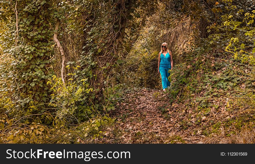Woman Wearing Blue Jumpsuit Walking in Forest