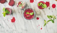 Fresh Beetroot Smoothie In Glasses Over Marble Background, Top View Stock Photos