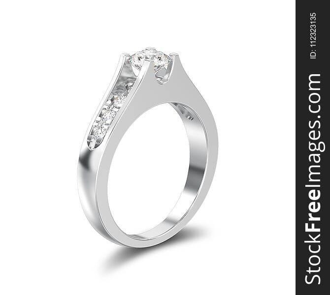 3D illustration isolated white gold or silver decorative engagement wedding diamond ring with shadow on a white background