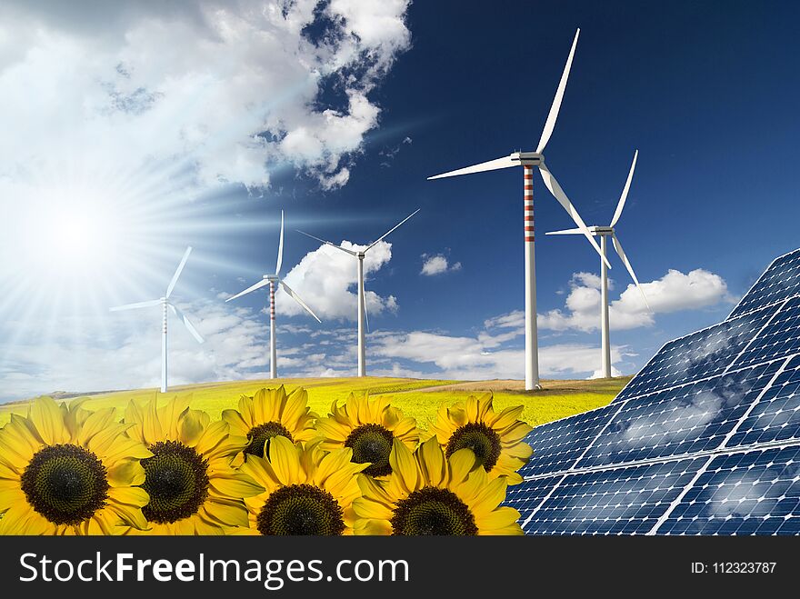 Conceptual illustration with blue sky and rays of sunshine of solar panels and wind turbines. Conceptual illustration with blue sky and rays of sunshine of solar panels and wind turbines