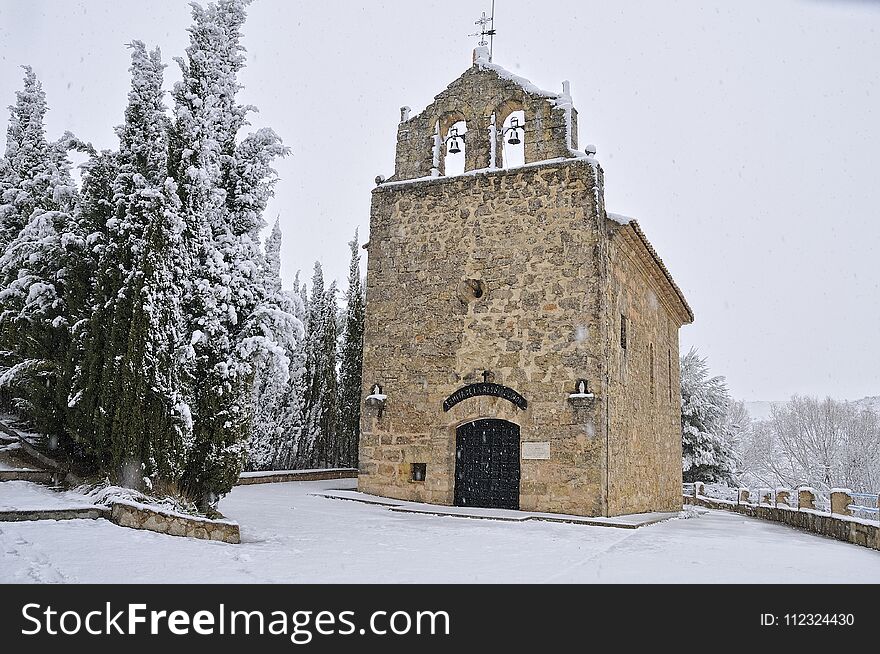 The hermitage of the Resurrection in the snowfall a very cold winter day. The hermitage of the Resurrection in the snowfall a very cold winter day