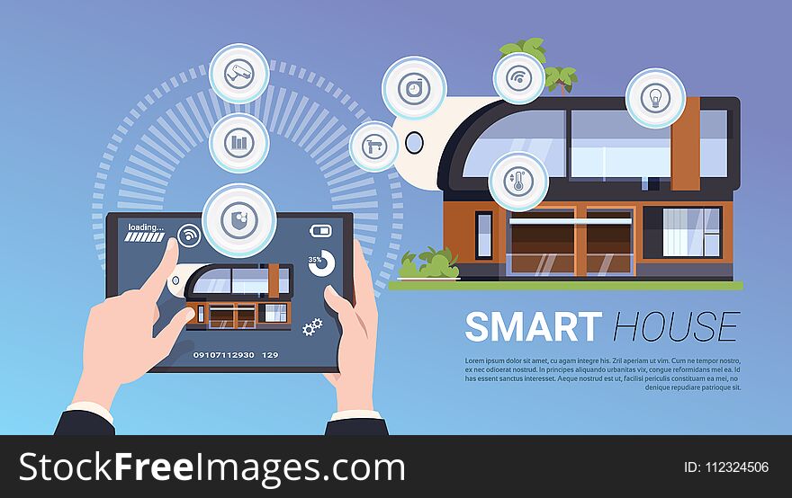 Smart Home Technology Banner With Hands Holding Digital Tablet Device With Control System Flat Vector Illustration