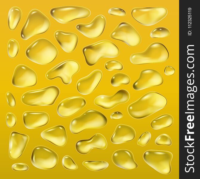 Realistic drops of a rain on a yellow background in the form of glass. Abstract background. Vector illustration. EPS 10. Realistic drops of a rain on a yellow background in the form of glass. Abstract background. Vector illustration. EPS 10