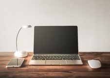 Blank Screen Laptop, Mobile Phone, Mouse, On Work Table Royalty Free Stock Photos Blank Screen Laptop, Mobile Phone, Mouse, On Work Table Royalty Free Stock Photos