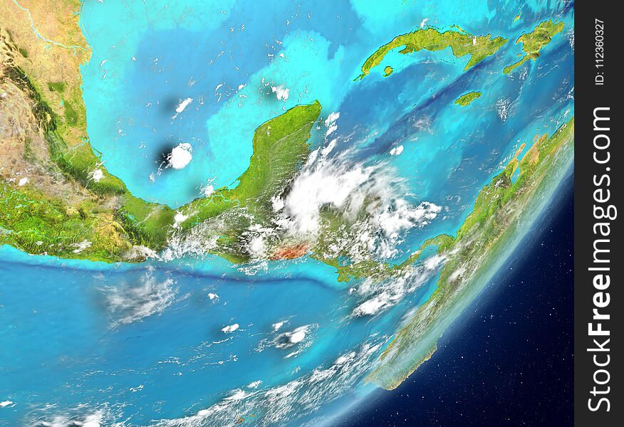 Satellite view of El Salvador highlighted in red on planet Earth with clouds. 3D illustration. Elements of this image furnished by NASA. Satellite view of El Salvador highlighted in red on planet Earth with clouds. 3D illustration. Elements of this image furnished by NASA.