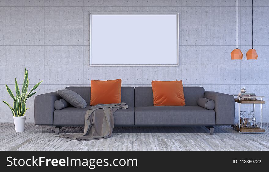 Mock up poster, modern living room, 3d render