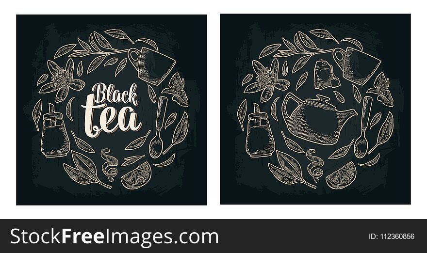 Set with lettering Black Tea. Vector vintage engraving