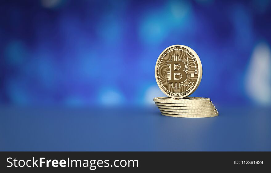 Stack Of Bitcoins On Blue Background To Illustrate Blockchain An