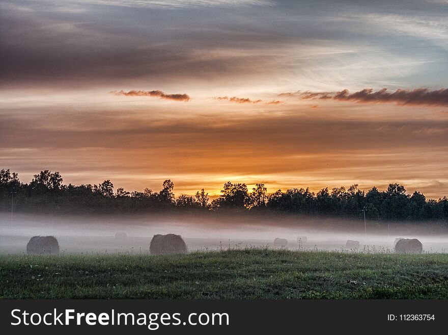 Fog crawling over the meadow during sunset. Fog crawling over the meadow during sunset