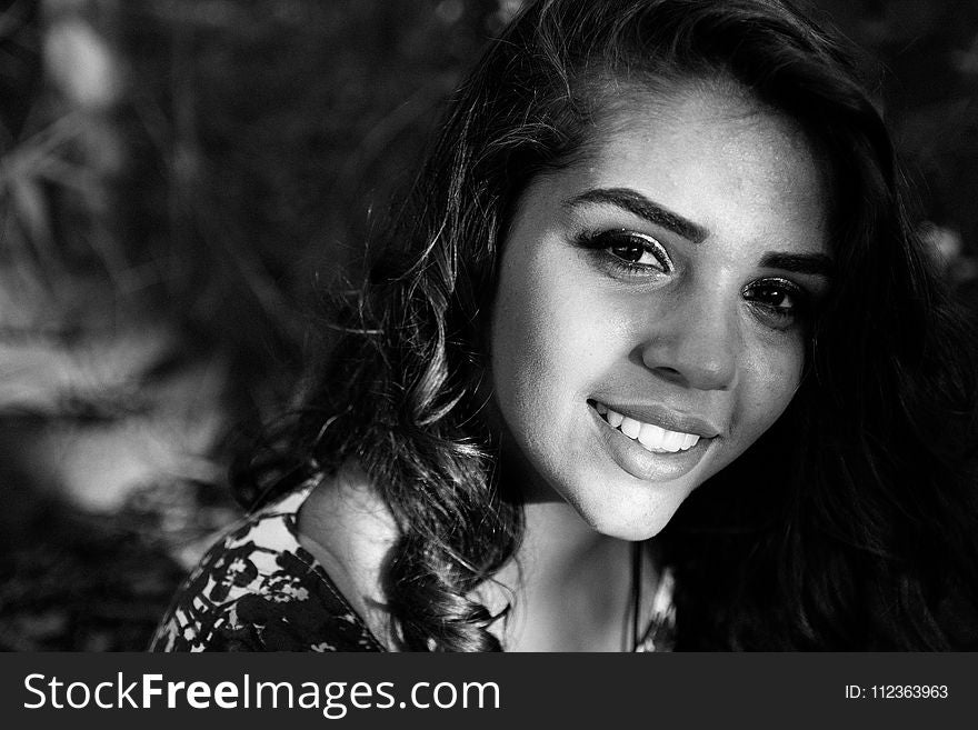 Woman Wearing Floral Shirt Grayscale Portrait