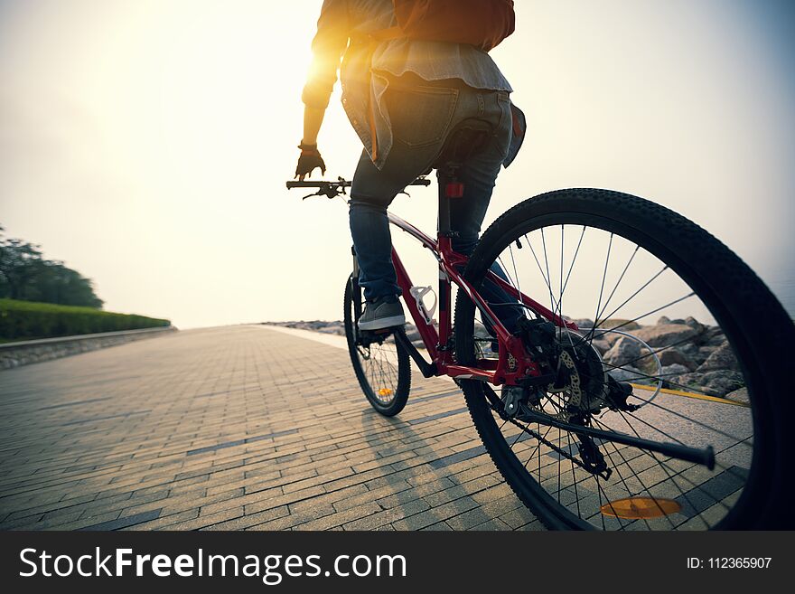 Cyclist riding bike in tropical park