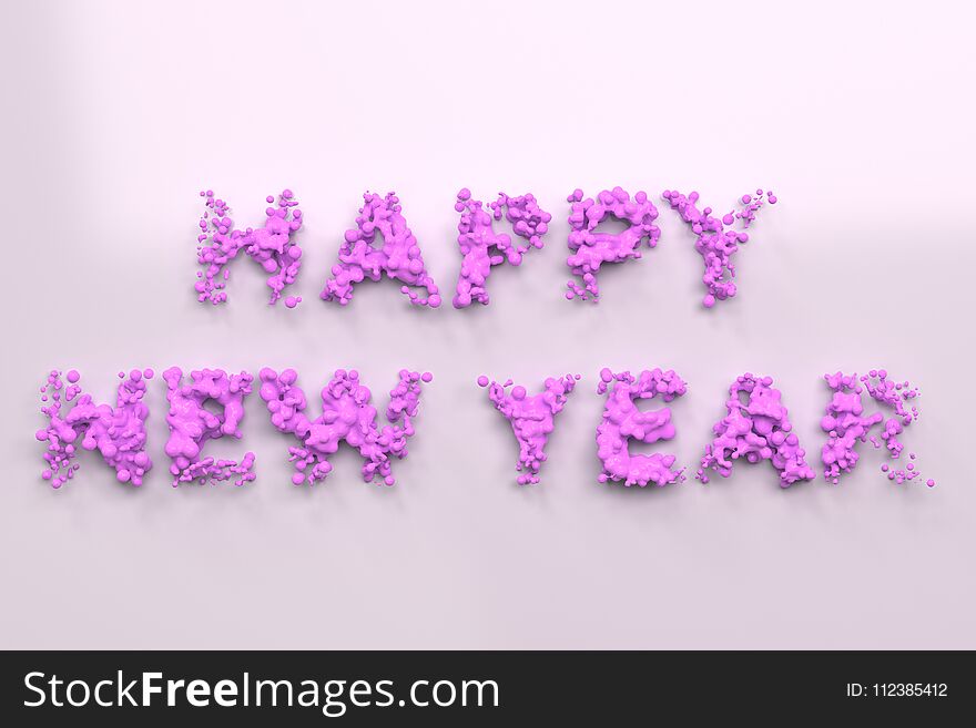 Liquid violet Happy New Year words with drops on white background