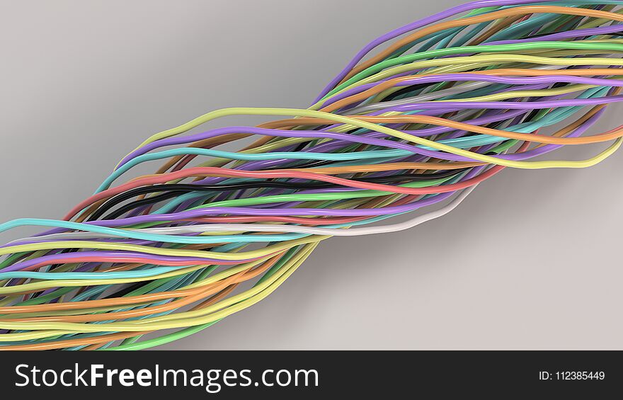 Twisted multicolored cables and wires on white surface. Computer or telephone network. 3D rendering illustration