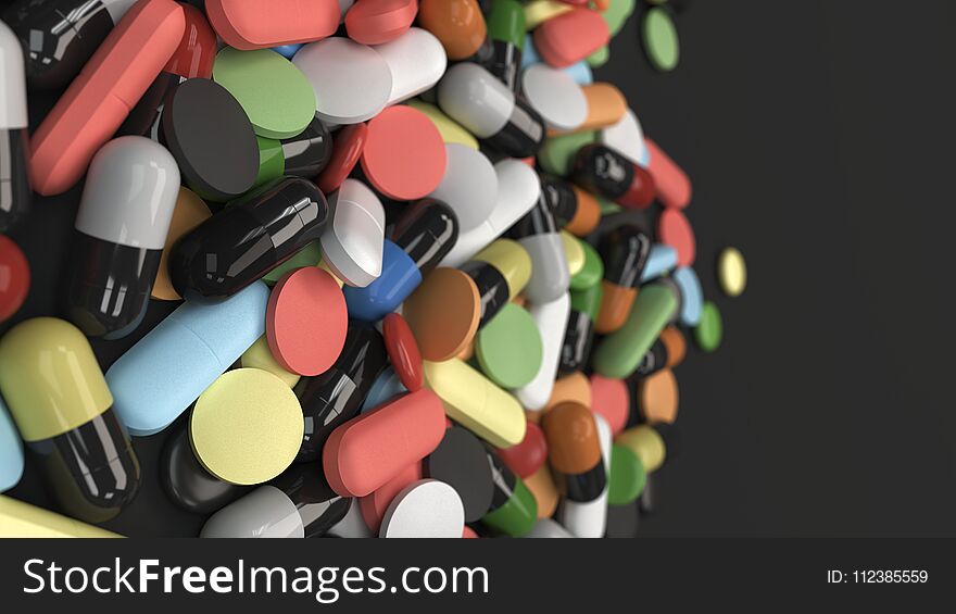 Pile of colorful medicine pills on black background. Medical, healthcare or pharmacy concept. 3D rendering illustration