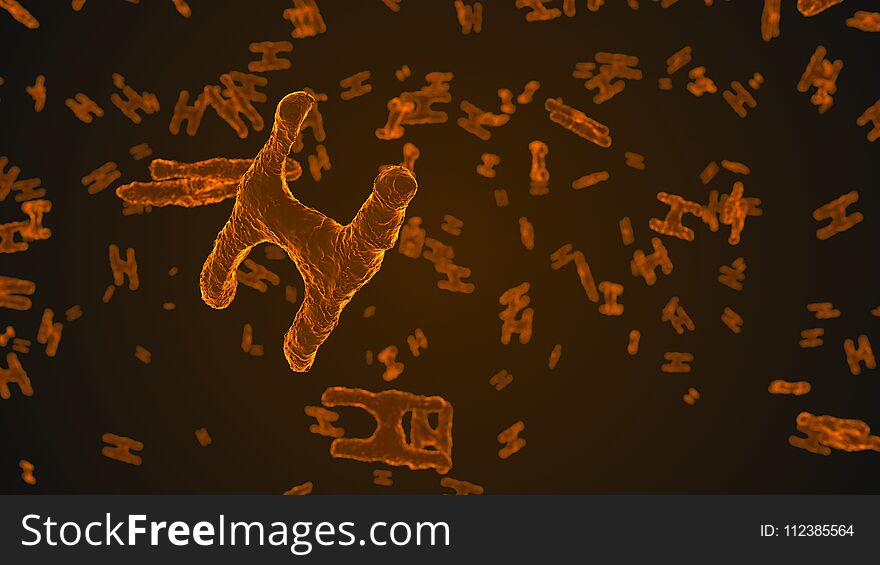 Abstract orange virus cells under microscope. Multiplication of bacteria or infection. Scientific background. 3D rendering illustration