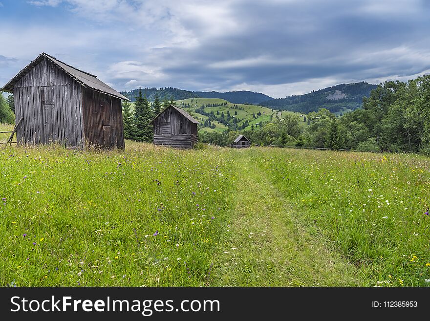 Rustic landscape with old barns in a row, on a field with green grass and colorful wildflowers, crossed by a footpath, near Sadova town, Romania. Rustic landscape with old barns in a row, on a field with green grass and colorful wildflowers, crossed by a footpath, near Sadova town, Romania.