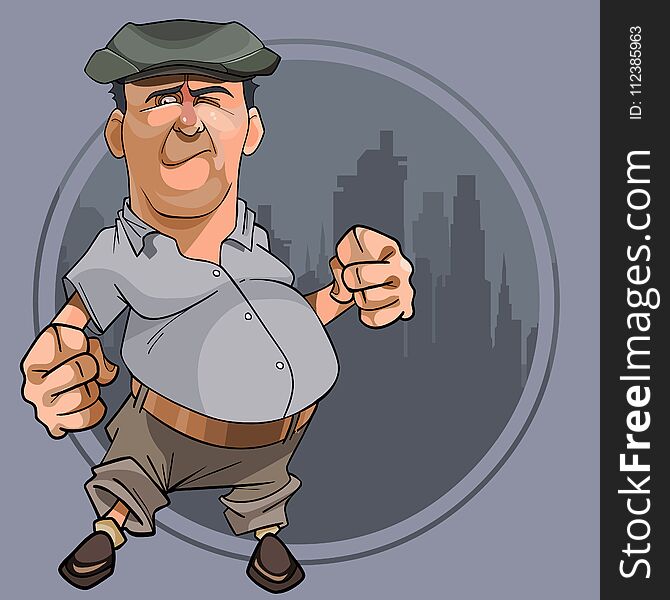 Cartoon bellied man with fists in cap against the background of the city in a circle