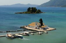 Mouse Island And The Vlacherna Monastery, Pontikonisi Island, Co Royalty Free Stock Photo