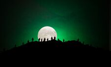 Scary View Crowd Of Zombies On Hill With Spooky Cloudy Sky With Fog And Rising Full Moon. Silhouette Group Of Zombie Walking Under Royalty Free Stock Images