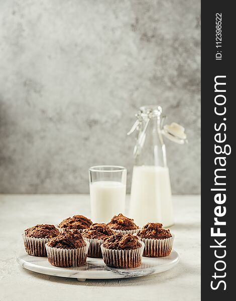 Chocolate Muffin with Milk. Food background wiht copyspace. Selective focus