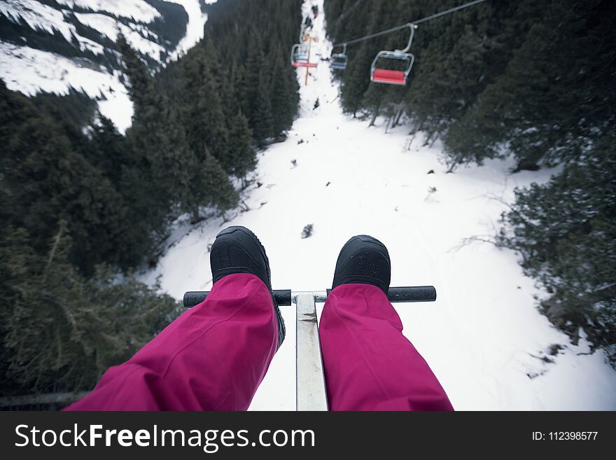 Cable Car Over The Mountains In Ski Resort