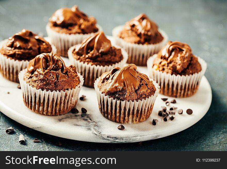 Dark chocolate muffins with Chocolate Chips, closeup