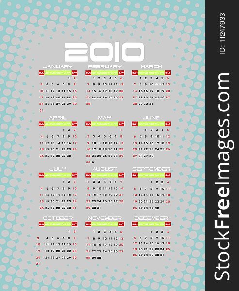 Calendar for 2010 year vector. Calendar for 2010 year vector