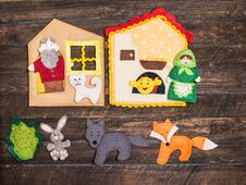 Felt Toys Story Fairy Tale. Handmade Felt Toys Over Wooden Rusti Stock Image