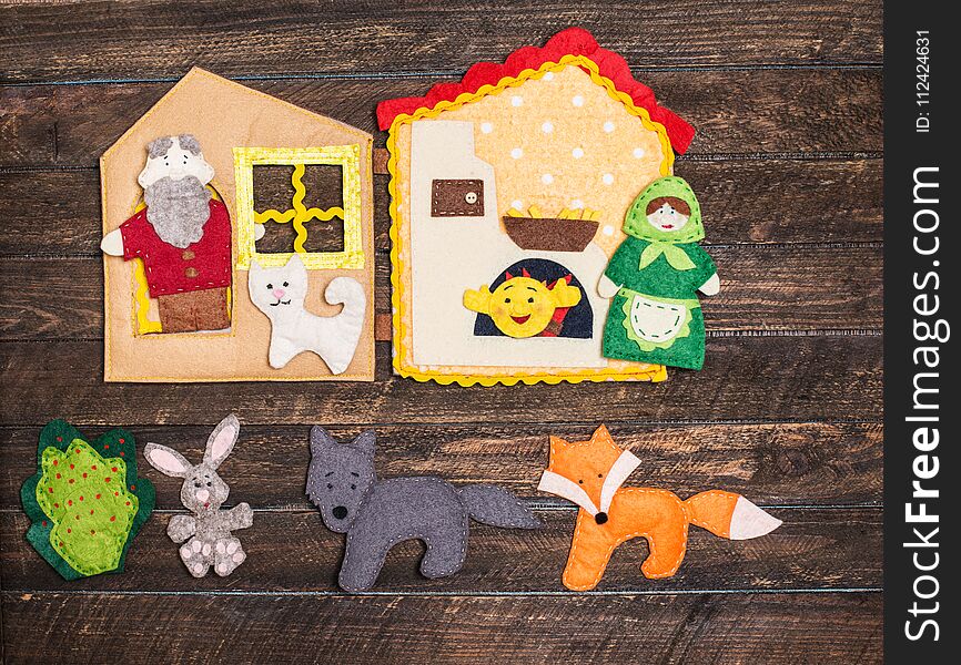 Felt Toys Story Fairy Tale. Handmade Felt Toys Over Wooden Rusti